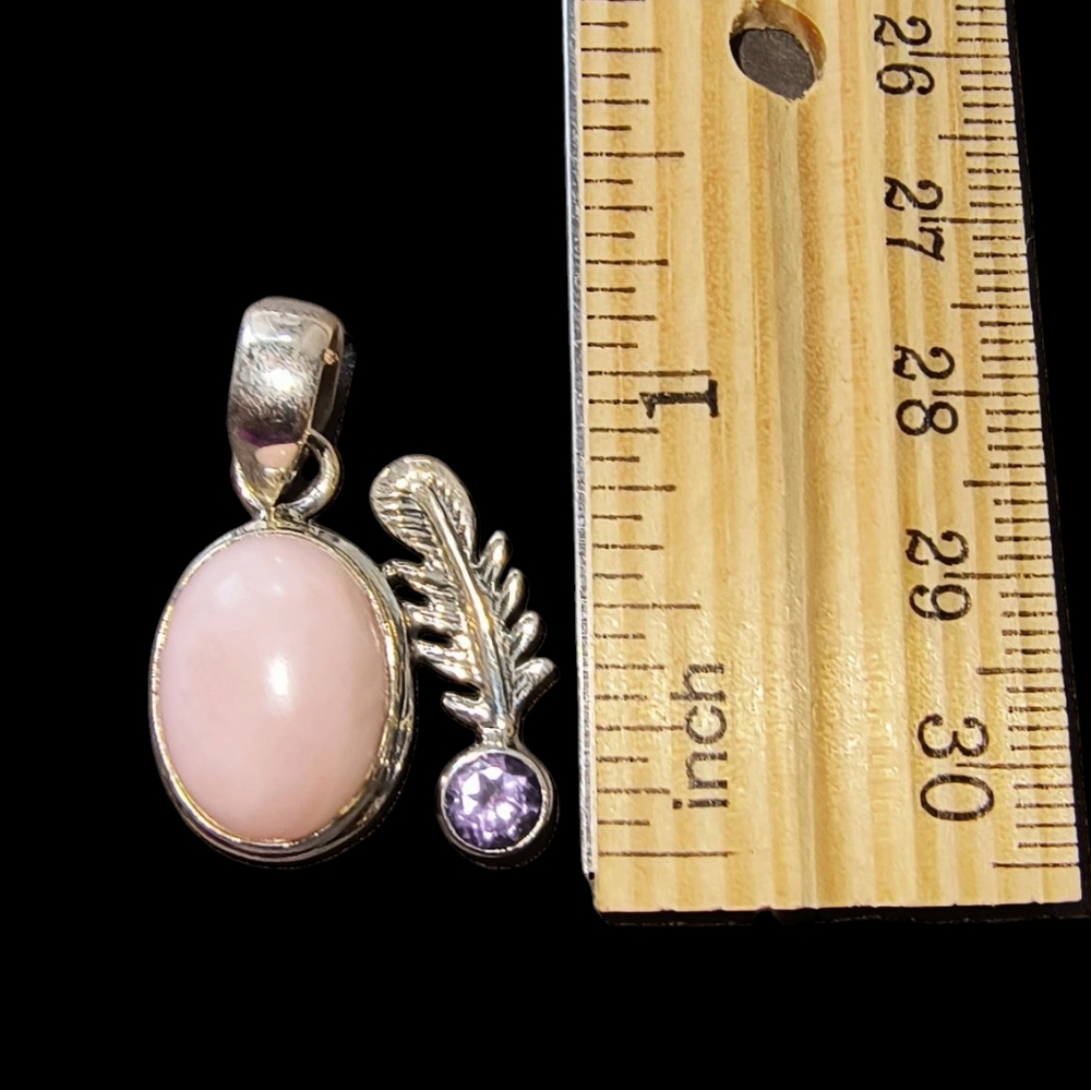 Pink Opal, Amethyst And Sterling Silver Pendant With Feather Detail - Picture 3 of 9